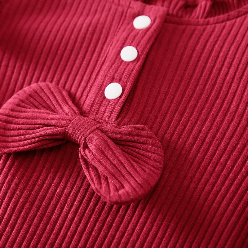 Hibobi Baby Girl Bow Knot Ruffle Jumpsuit Long Sleeve Jumpsuit Cotton Bodysuit