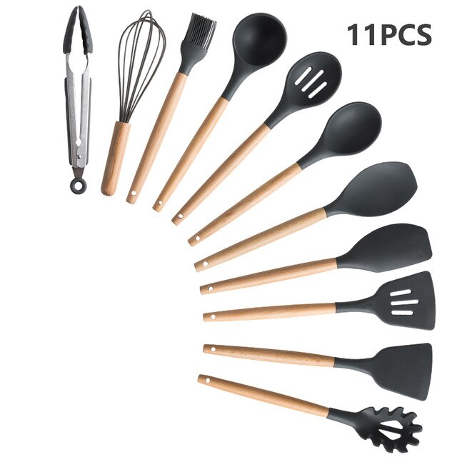 Batterie de cuisine en silicone avec poignée en bois Ensemble de cuisine Ensemble de batterie de cuisine Batterie de cuisine antiadhésive Accessoires de cuisine avec boîte de rangement en acier inoxydable: BLACK-11PCS