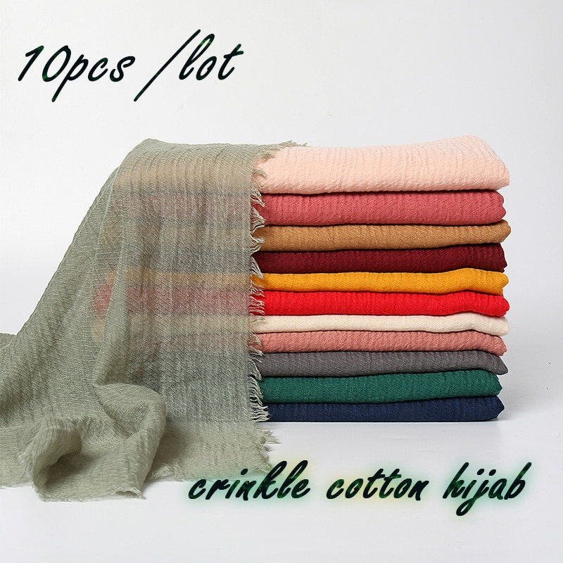 Plain Crinkle Cotton Scarf Women Muslim Hijab Large Size Tassel Scarves Stoles Pleated Islamic Bandana 10pcs/Lot