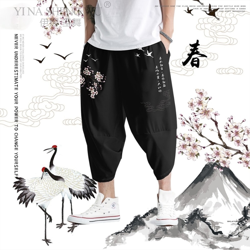 Nuovo stile giapponese Harajuku pantaloni da uomo Sakura samurai costume sciolto moda maschile tradizionale fioritura pantaloni pantaloni casuale anca-salto