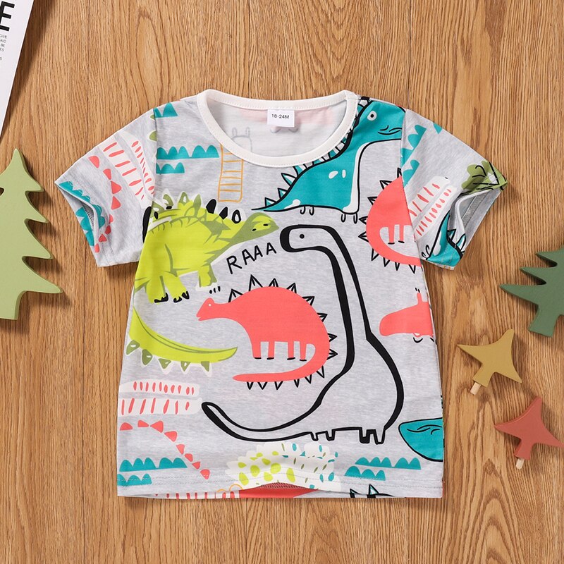 Kleine Jongens Zomer Ademend T-shirt, Creatieve Cartoon Dinosaurus Afdrukken Korte Mouw Ronde Kraag Top Kinderen Casual Kleding: 120