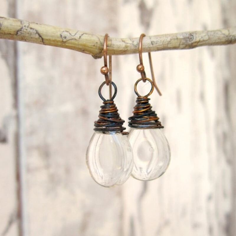 Clear Glass Dangle Earrings Oxidized Copper Wrapped Glass Earrings Czech Glass Earrings