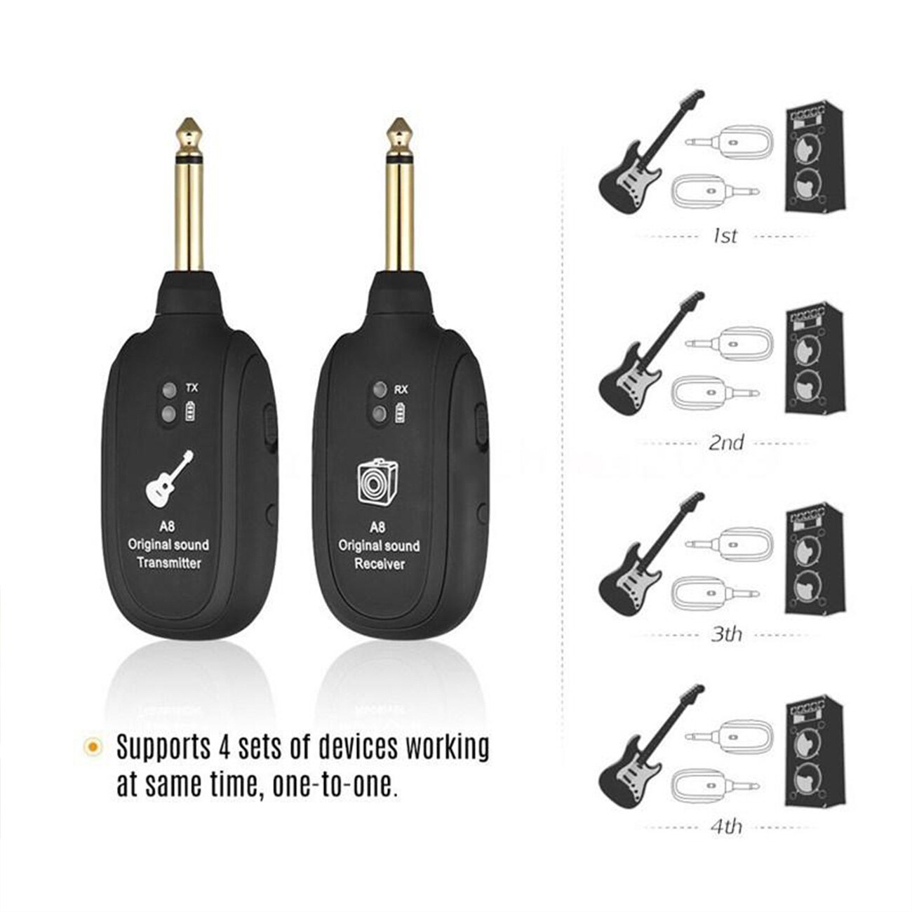 Système émetteur et récepteur de guitare sans fil A8, batterie intégrée, guitare sans fil UHF Rechargeable avec câble de chargement USB