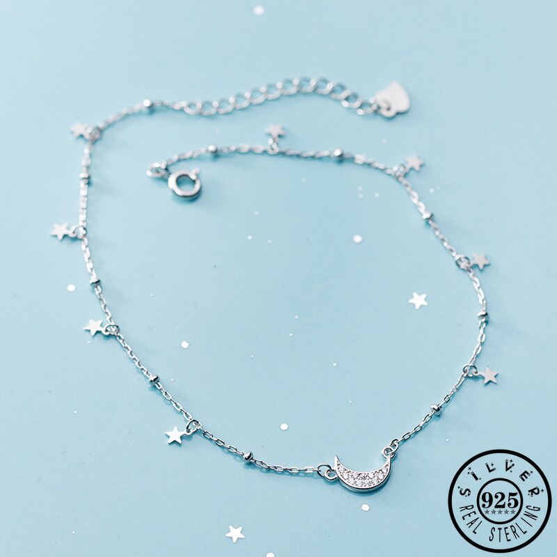 925 fußkettchen aus sterlingsilber mit zirkonia in mondform – trendiges armband mit kleinen sternperlen für damen, feiner fußschmuck