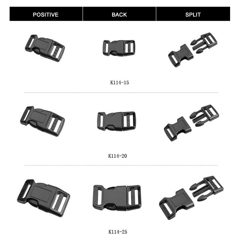 50 Stks/partij Voorgevormd Gebogen Side Release Zwart Plastic Gespen Voor Paracord Survival Armbanden/Halsband 15 20 25 38mm Paracord