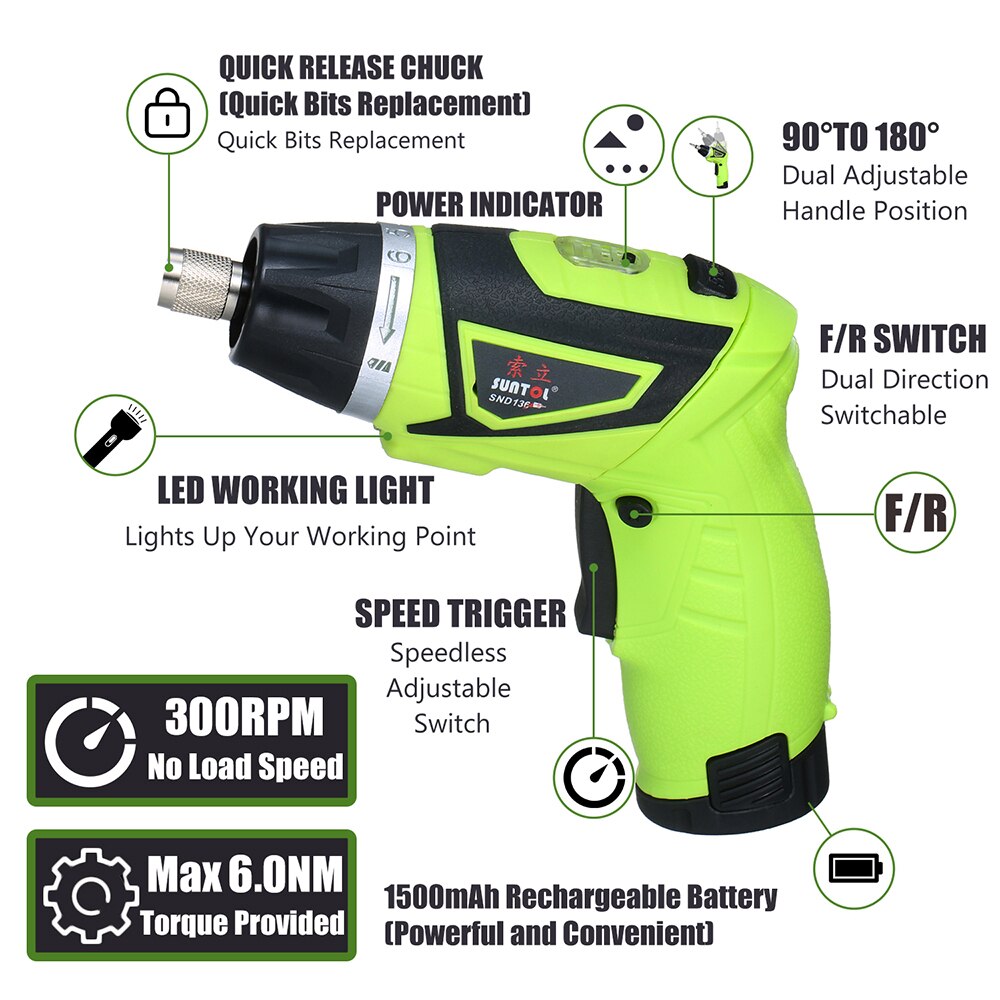 6.0N.m Cordless Electric Screwdriver Rechargeable 1500mAh Li-ion with 41 Accessories 7 Torque Setting 2 Position Handle