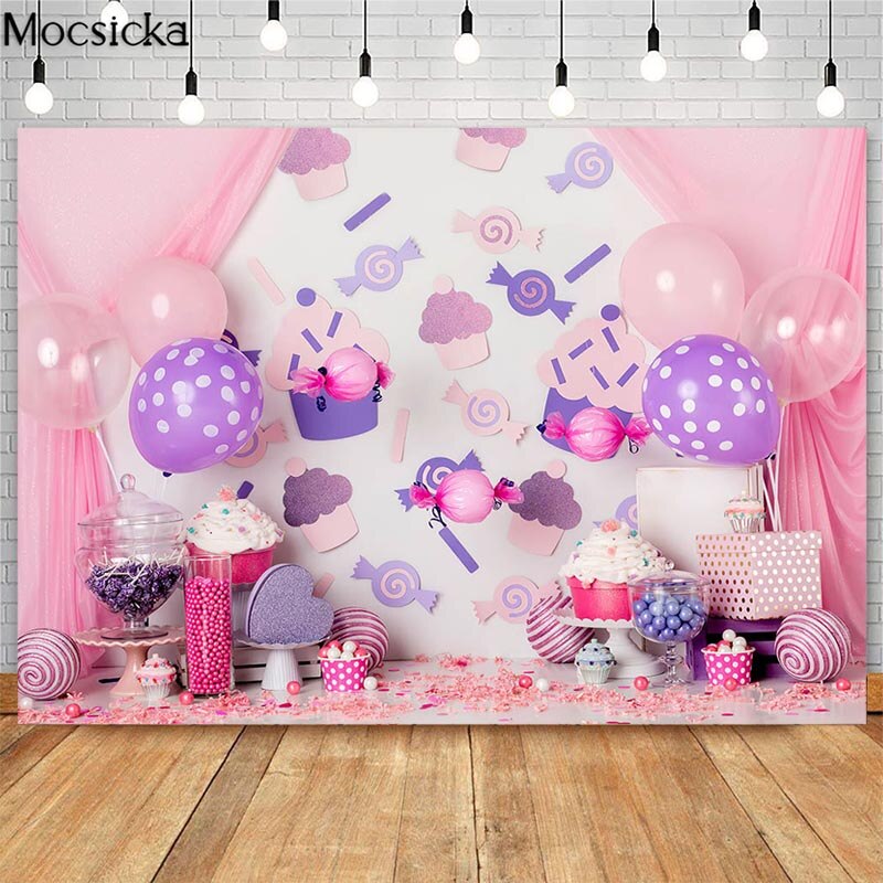 Mocsicka Zoete Snoep Taart Smash Fotografie Achtergronden Gordijn Ballon Decor Meisje 1st Verjaardag Photocall Achtergrond Foto Studio: Vinyl-180x120cm