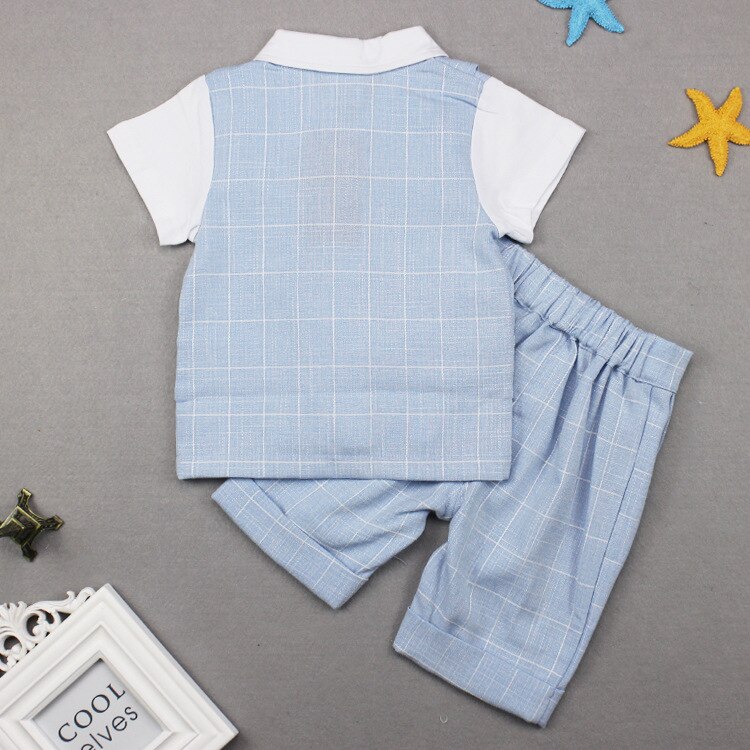Baby Boys Summer Clothing Suit Child Plaid Gentleman Bowtie Vest + Shorts 2pcs Clothing Set Toddler Kids Party Wedding Costume