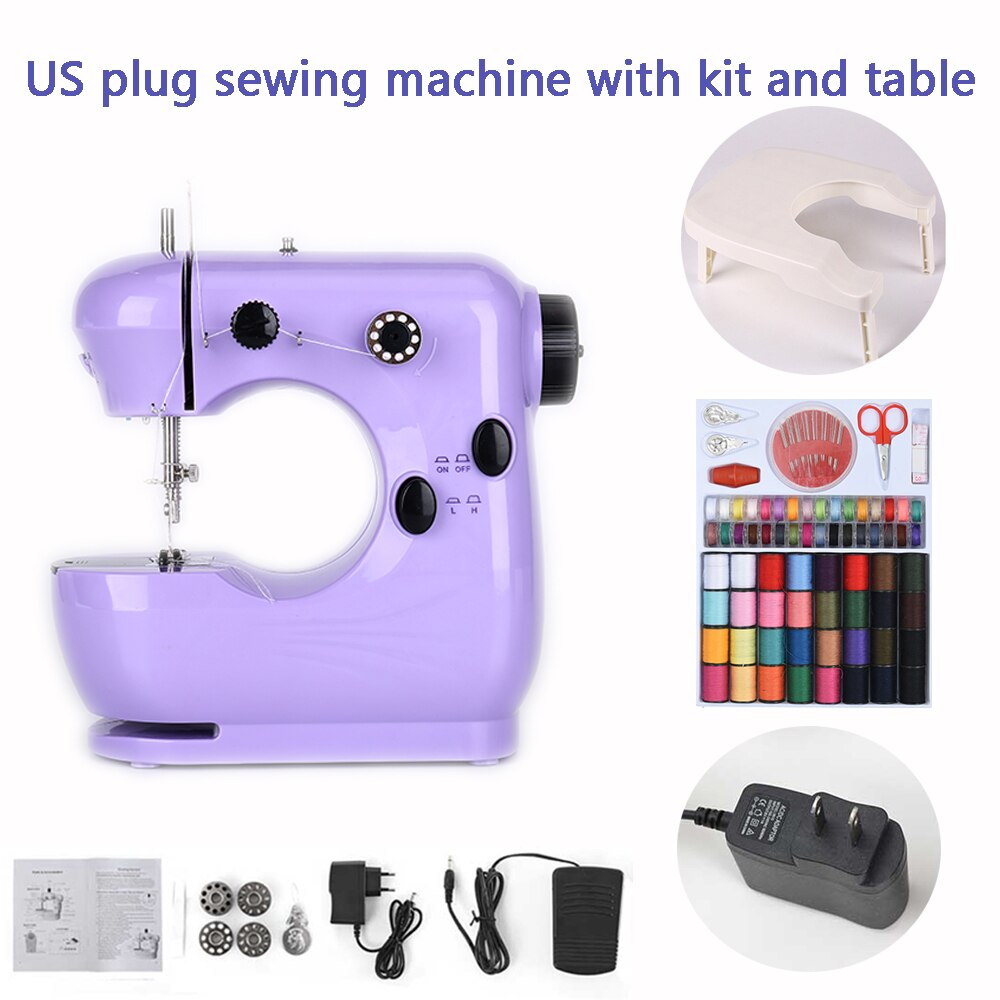 Sewing Machine Mini Portable Electric Household Pedal Multifunctional With Night Light Handmade DIY Purple For Beginners: US with kit table