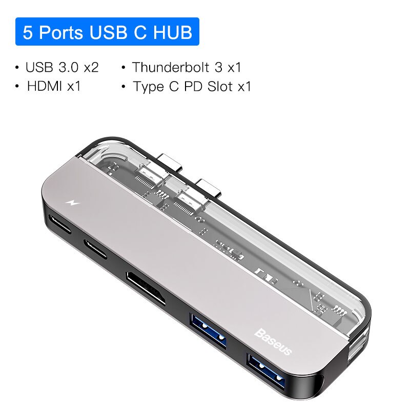 Baseus USB C HUB USB HUB to USB 3.0 HDMI Adapter for MacBook Pro Air HUB Thunderbolt 3 Dock RJ45 USB Splitter Dual Type C HUB: 5 in 1 Dual Type C