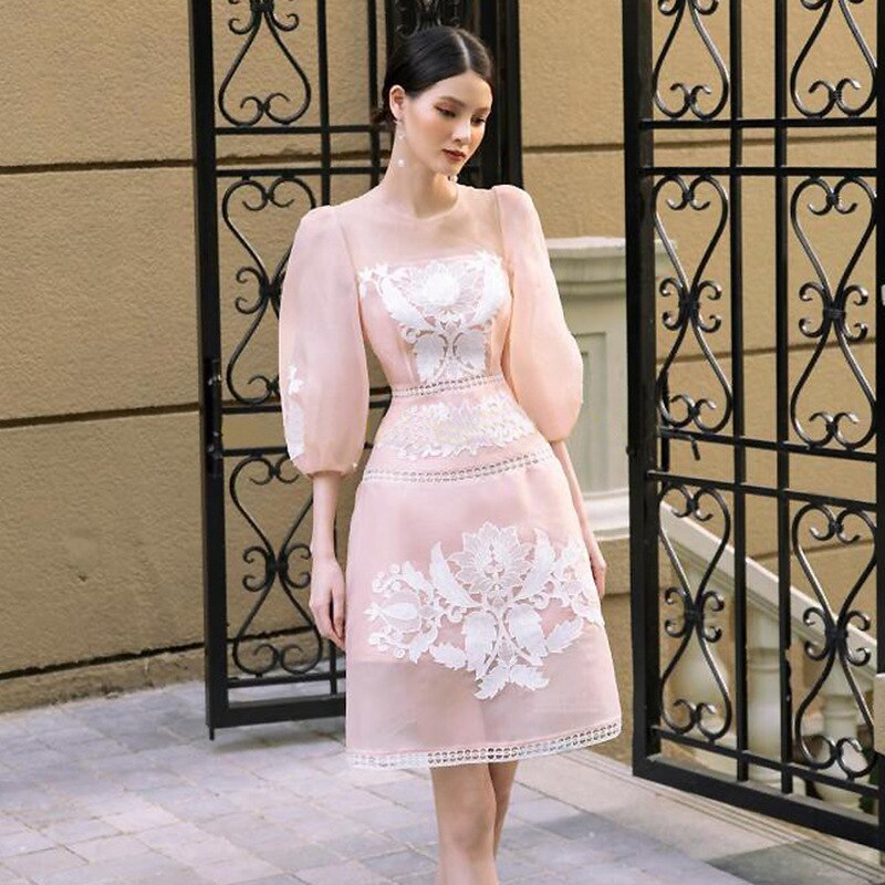 Vietnamesisch 2022 frauen Bestickt Rosa Kleid Eleg... – Grandado