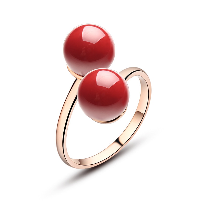 KCALOE Adjustable Ring Cute Double Ball Red Artificial Coral Rings For Women Open Rose Gold Ring Anelli Donna Bagues Pour Femme