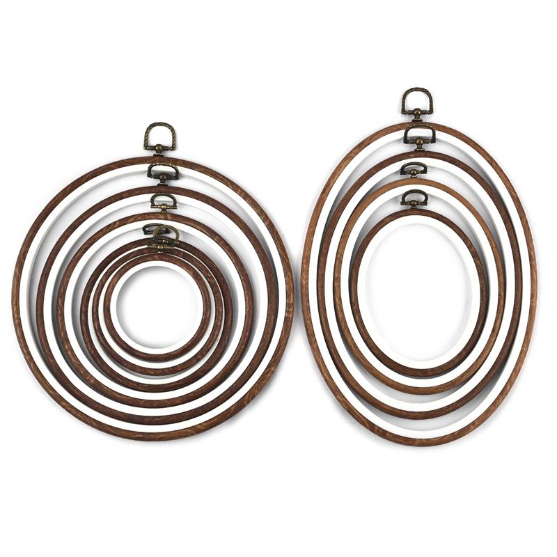Herramienta de costura, conjunto de marco de aros de bordado de Color madera ovalado redondo, anillos de aro de bordado de plástico para manualidades con aguja de punto de cruz DIY