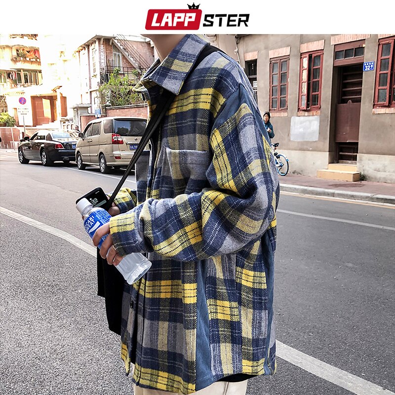 LAPPSTER, camisa a cuadros de color Vintage para hombre, , ropa de calle para hombre, camisas Harajuku gruesas de manga larga, camisa de coreana para pareja