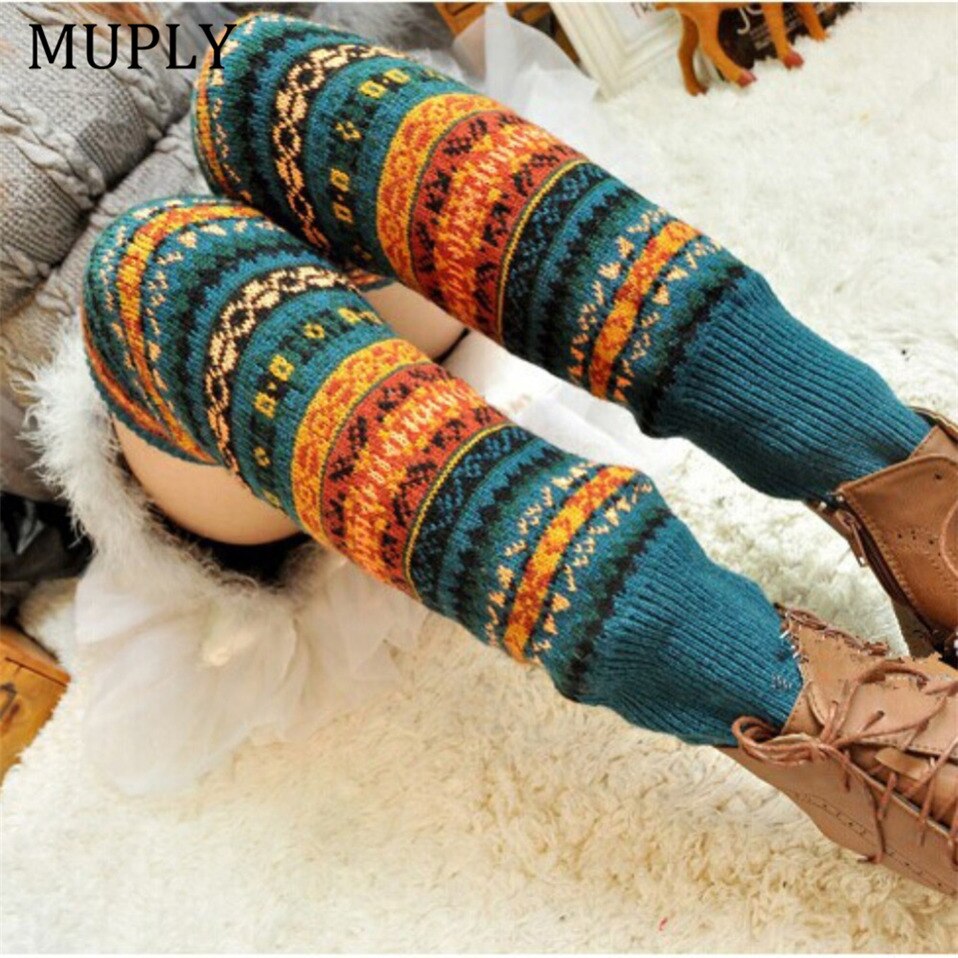 Winter Over Knie Lange Knit Cover Haak Beenwarmers Legging Chic Warm Gestreepte Calentadores Pierna Mujer Dij Stulpe Beenwarmers