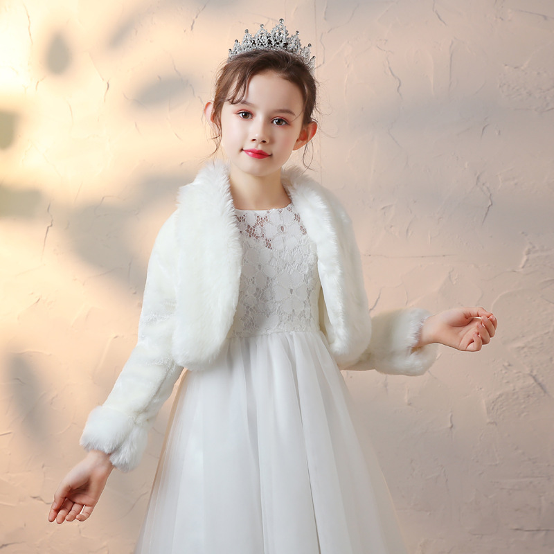 Ragazze inverno grande collo in pelliccia sintetica cappotti corti principessa avorio bianco Bolero coprispalle bambini spessore caldo avvolgere mantelle per feste di nozze sacre: L Height 120-130cm