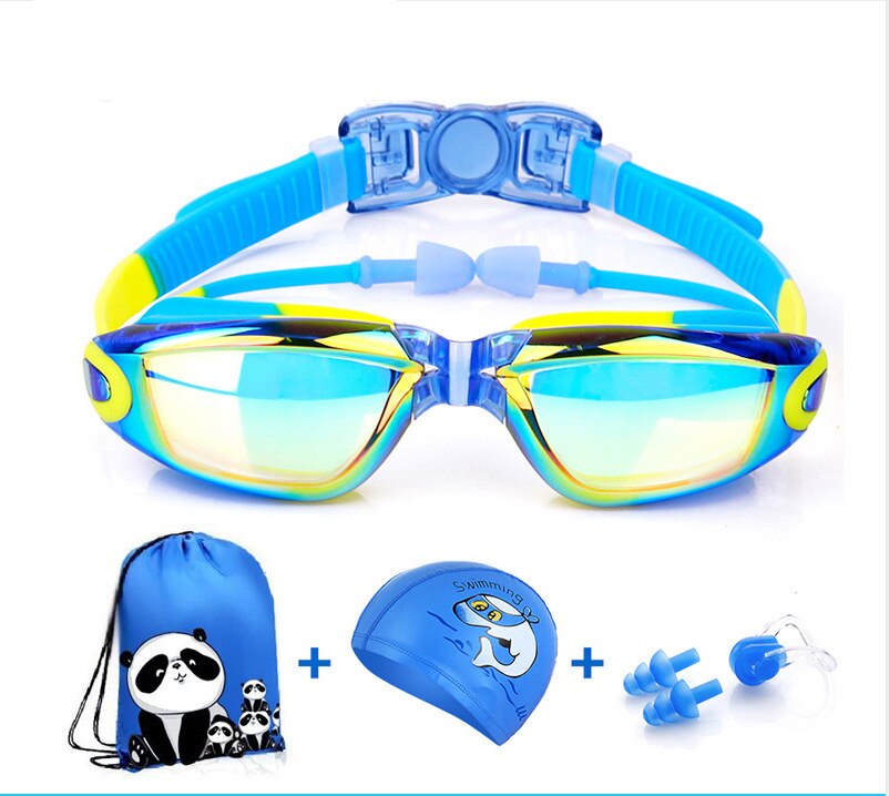 Børns svømmebriller anti-tåge uv recept svømmebriller vandtæt beskyttelsesbriller med etui, næseklemme, ørepropper, hætte, diverse taske: Linse plating blå