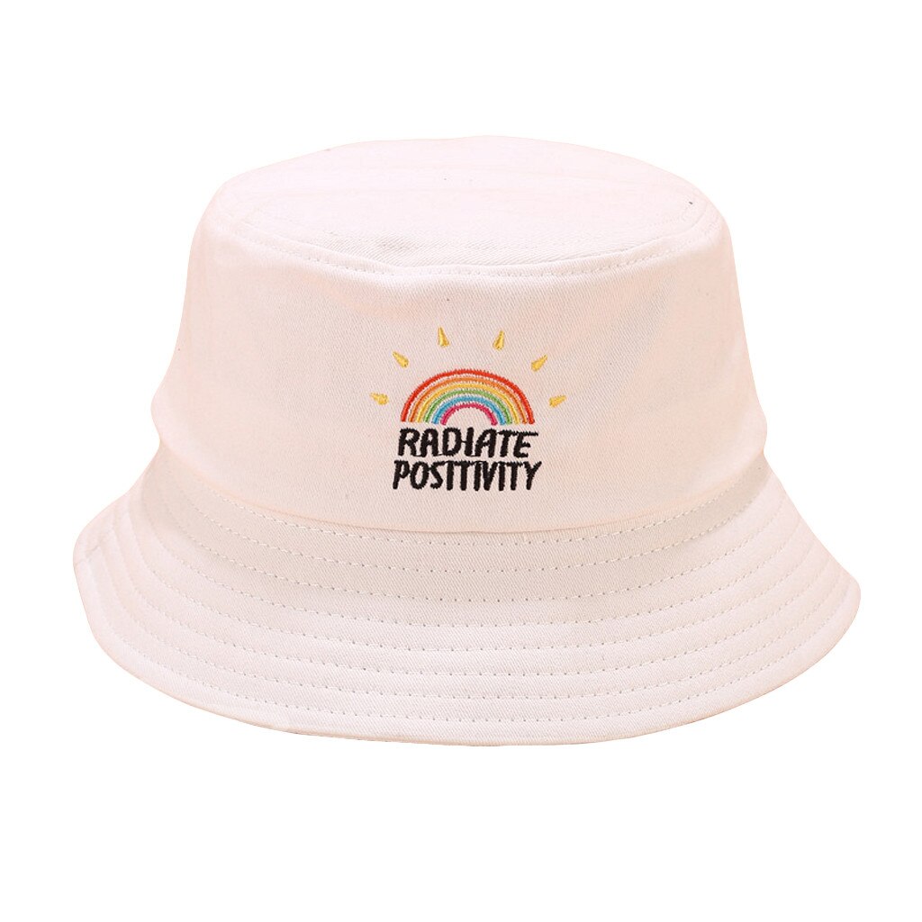 Kvinder regnbue print lærred foldbar udendørs spand hat sol hat cap: Hvid