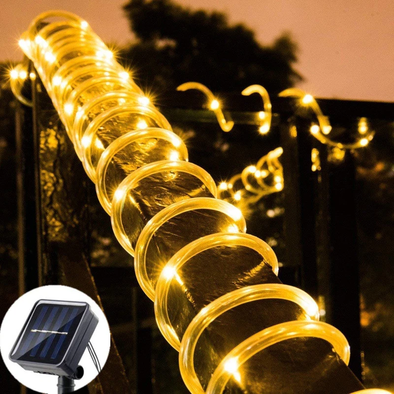 Luces de cuerda solares para exteriores, guirnaldas de luces LED de tubo transparente para , piscina, patio, valla de árbol, jardín, porche, Camping, calle: Azul / K