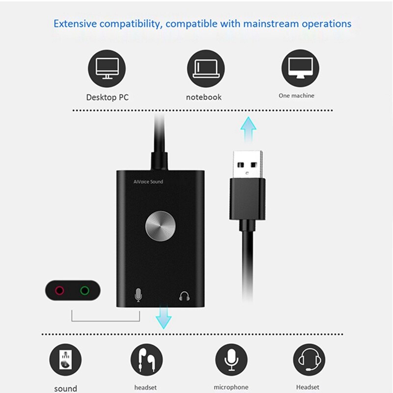 USB Audio Adapter External Stereo Sound Card with 3.5mm Headphone and Microphone Jack for Windows, Mac, Linux