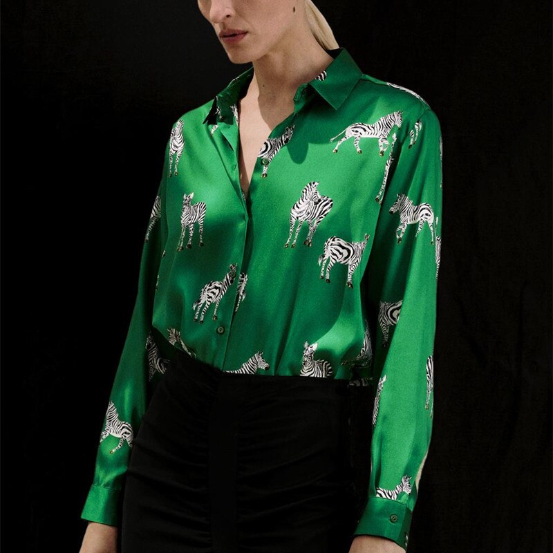 QWEEK Satin Blouse Women Silk Zebra Print Shirts Long Sleeve Vintage Office Ladies Tops Femme Green Blouses: M / Green