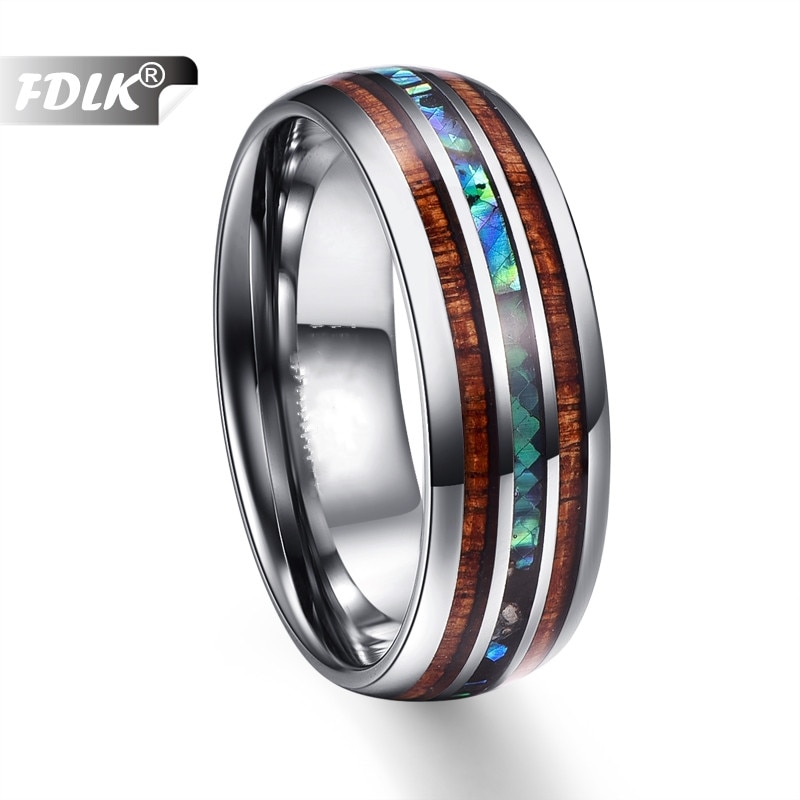 FDLK 8mm hawaïen Koa bois et coquille d'ormeau en acier inoxydable anneaux bandes de mariage pour hommes bijoux