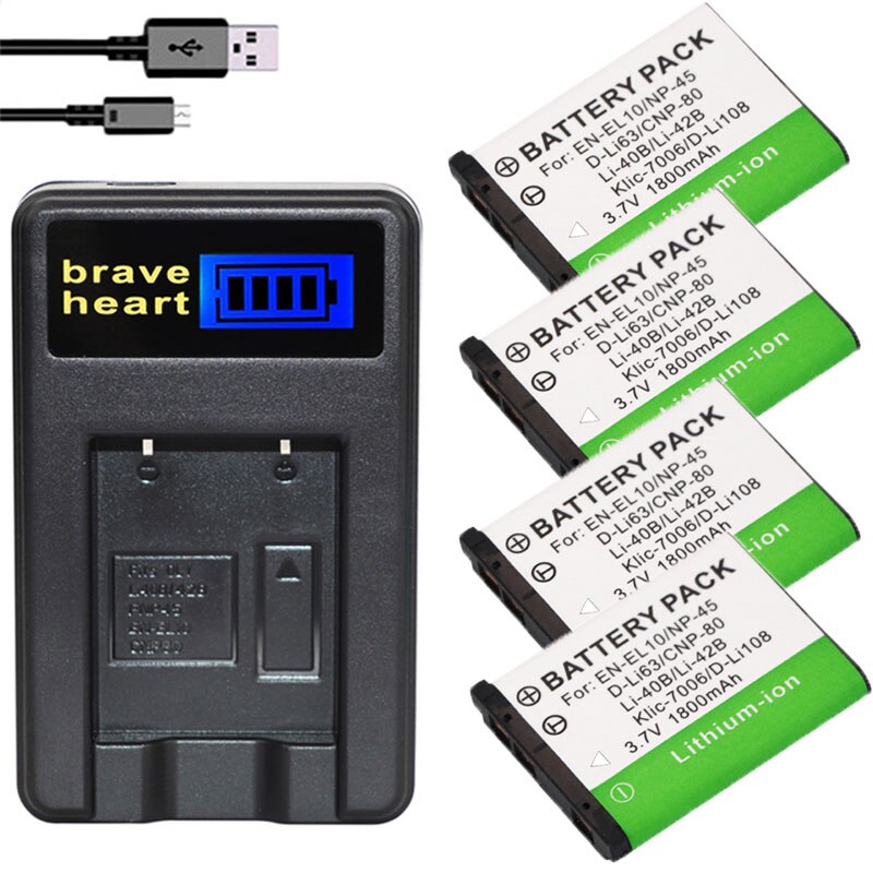 Baterías LI40B LI42B + cargador USB LCD para Li-40B /LI-42B, para Olympus, Nikon, EN-EL10, EN, EL10, ENEL10, Pentax, D-Li63, Fuji, 2 uds.: charger and 4battery
