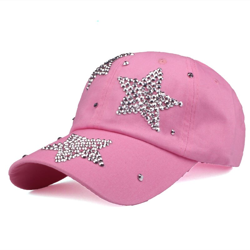 [yarbuu] mærke baseball kasketter rhinestone kasket med tre stjerner snapback casquette hat til kvinder dame ensfarvet: Lyserød