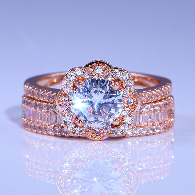 Luxe Vrouwelijke 925 Zilveren Kristallen Zirkoon Ring Set Vintage Rose Gouden Trouwringen Voor Vrouwen Bloem Bridal Engagement Ring
