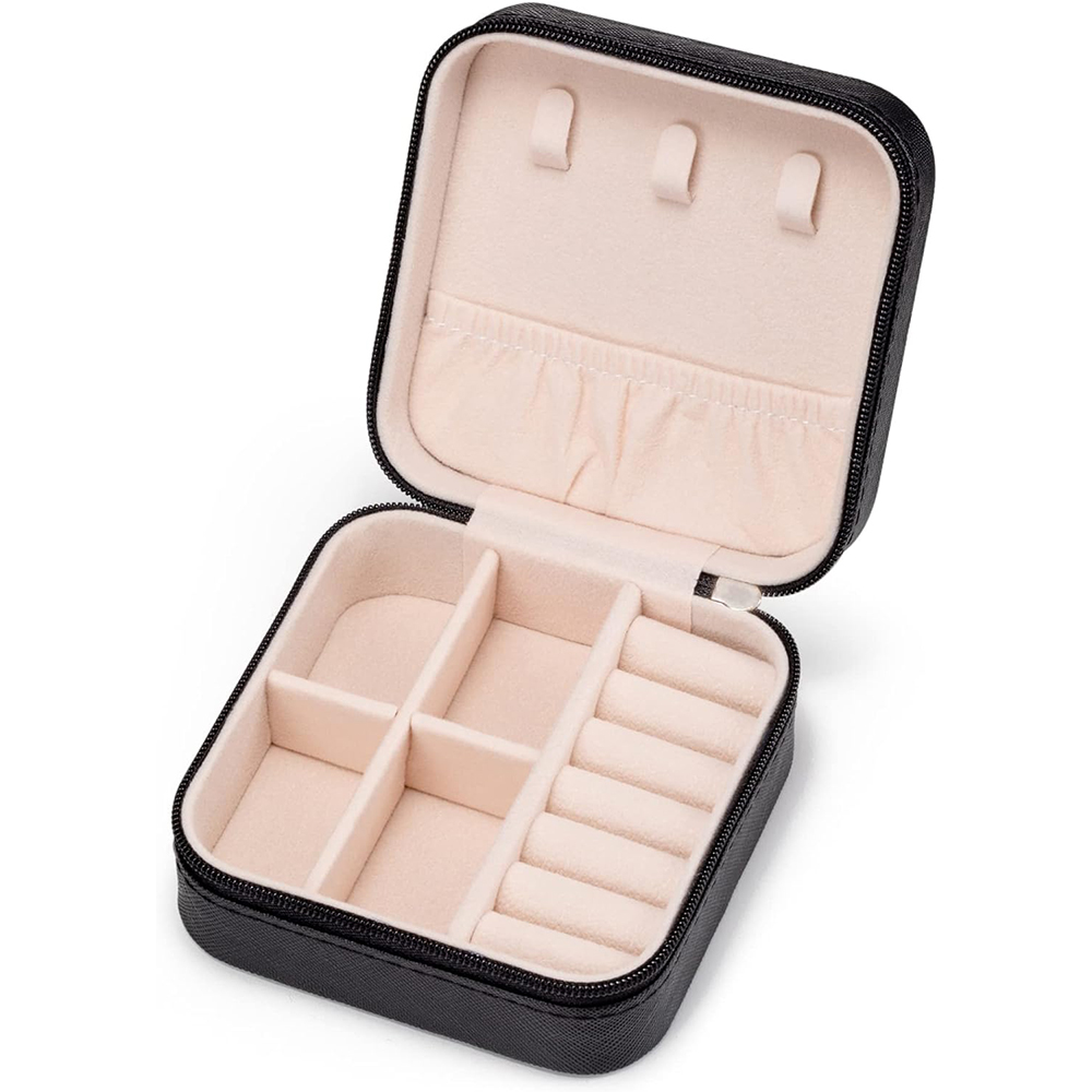 Mini soporte de almacenamiento de joyería portátil de viaje para anillos, pendientes, collares, pulseras, brazaletes, cajas organizadoras para niñas y mujeres: Negro