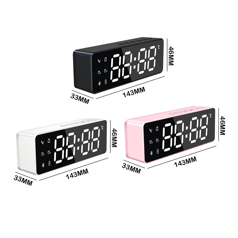 Bluetooth LED Alarm Clock With FM Radio Wireless Bluetooth Speaker Mirror Display Support Subwoofer Music Desktop Table Clock