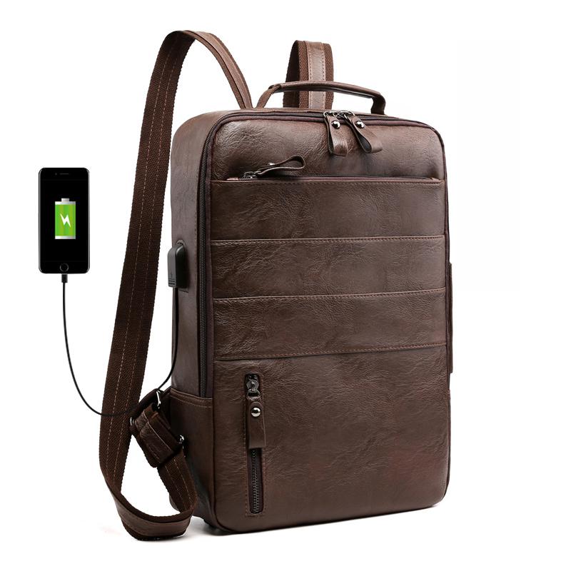 Vintage Leather Backpack Men 15 Inch Laptop Bagpack Male anti thef travel Backbags Student School Bags For teenager boys mochila: Chocolate