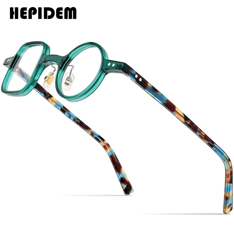 HEPIDEM Acetate Glasses Frame Men Retro Vintage Left Square Right Round Eyeglasses Myopia Optical Spectacles Eyewear 9155: Green