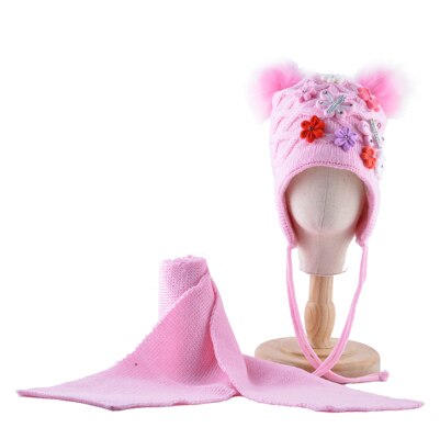 Vinter hatt scarf set för barn härliga pomponger stickad mössa baby flickor tjock stickad fjäril blommor öron klaff mössa barn: Rosa 1