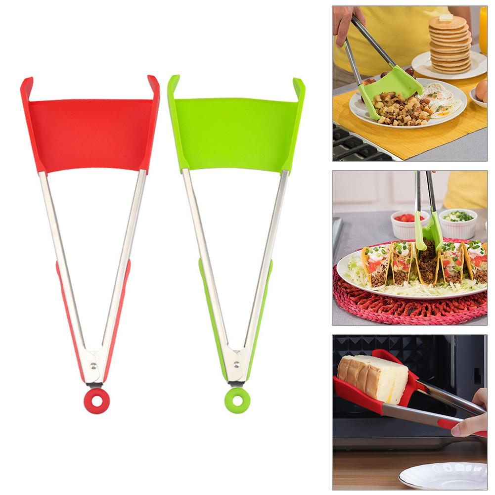 2 in 1 Smart Kitchen Spatula and Tongs Non-Stick Heat Resistant Stainless Steel Frame Silicone Tongs Kitchen Gadget