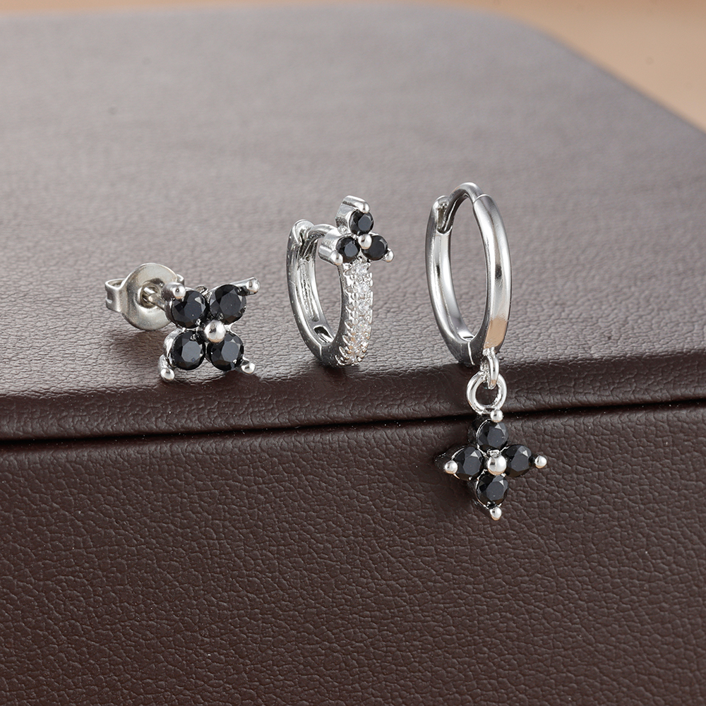 Conjunto de pendientes de aro pequeños con flores de acero inoxidable para mujer, aretes de joyería para Piercing de cartílago Huggie chapados en oro de 18 quilates, 3 uds.: Zinc negro plateado