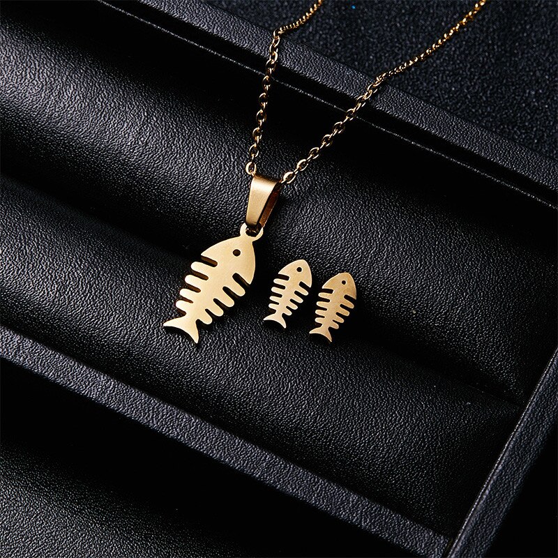 Rinhoo Dier Vlinder Rvs Hanger Ketting Sets Voor Vrouwen Kat Visgraten Ketting Oorbellen Sieraden: Fish bone