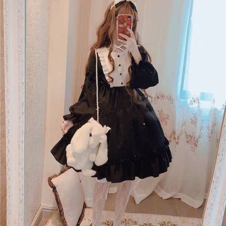 Sukienka Lolita dla kobiet Kawaii dla dziewcząt pałac Bow-knot Stiching styl japoński Vestidos szlachetny słodki Gothic szata na imprezę renesansowy