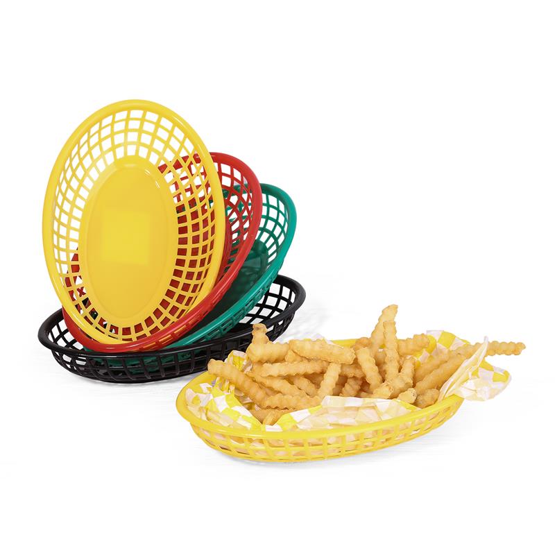 Cesta ovalada de plástico para comida rápida, cestas para patatas fritas y freír, bandeja de servicio para el hogar, Bar, restaurante, suministro de Picnic rojo y negro, 6-12 Uds.