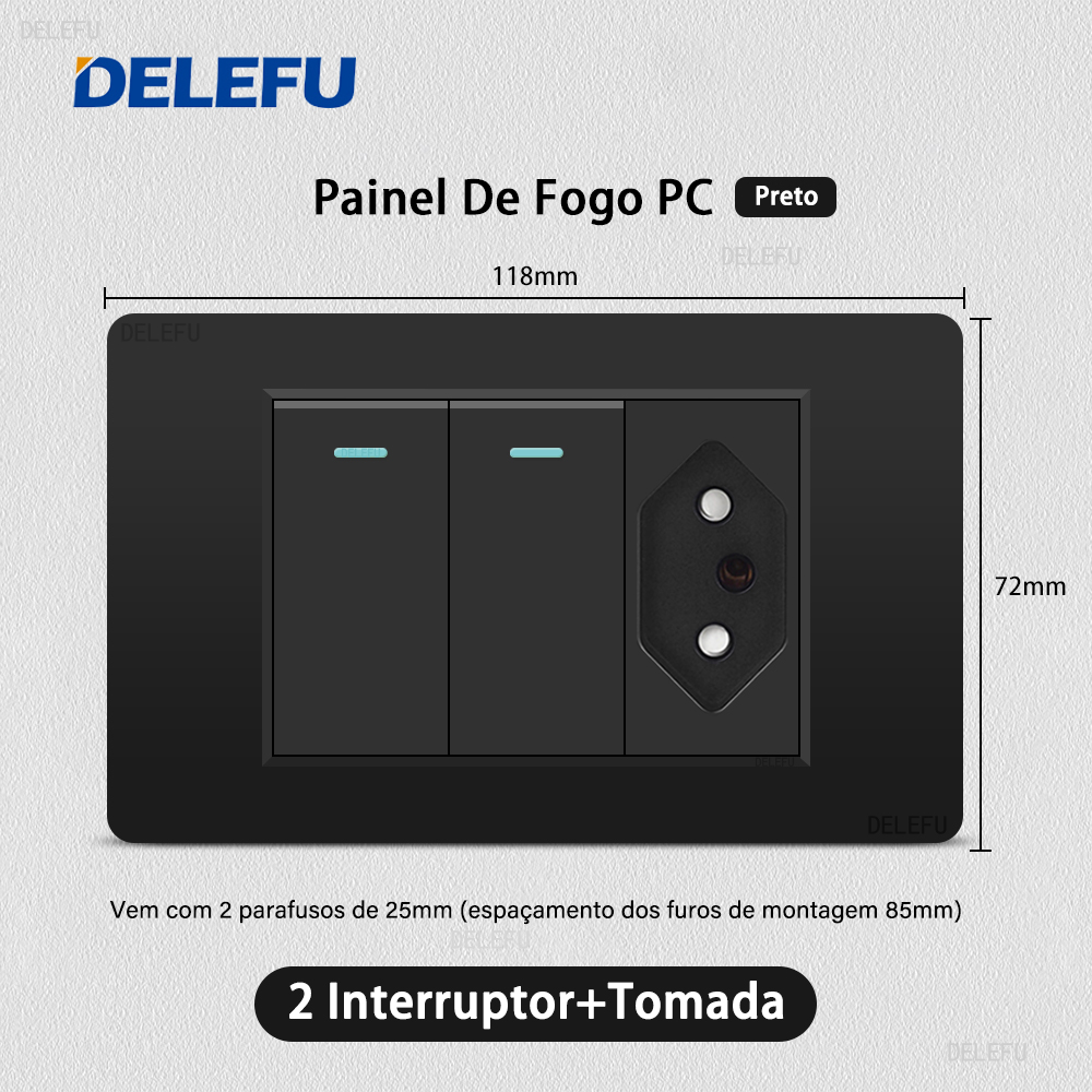 DELEFU Panel de PC ignífugo doble USB tipo C carga Brasil salida estándar interruptor de luz de pared negro enchufe eléctrico 10A 20A