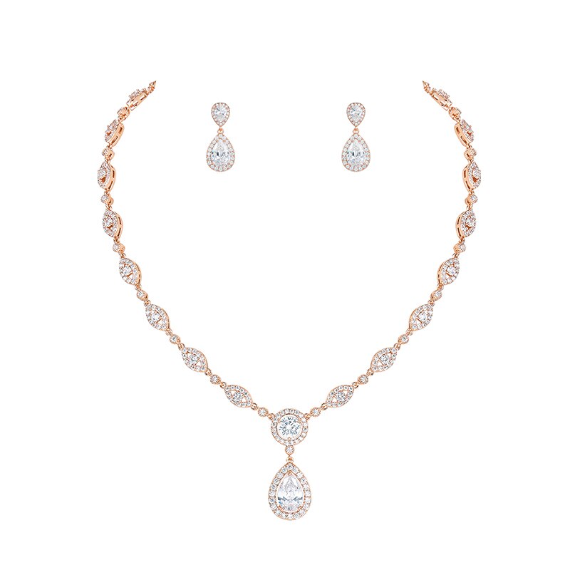 WEIMANJINGDIAN Halo Teardrop and Eye Shape Cubic Zirconia Necklace Earring Wedding Jewelry Set: Rose Gold Color