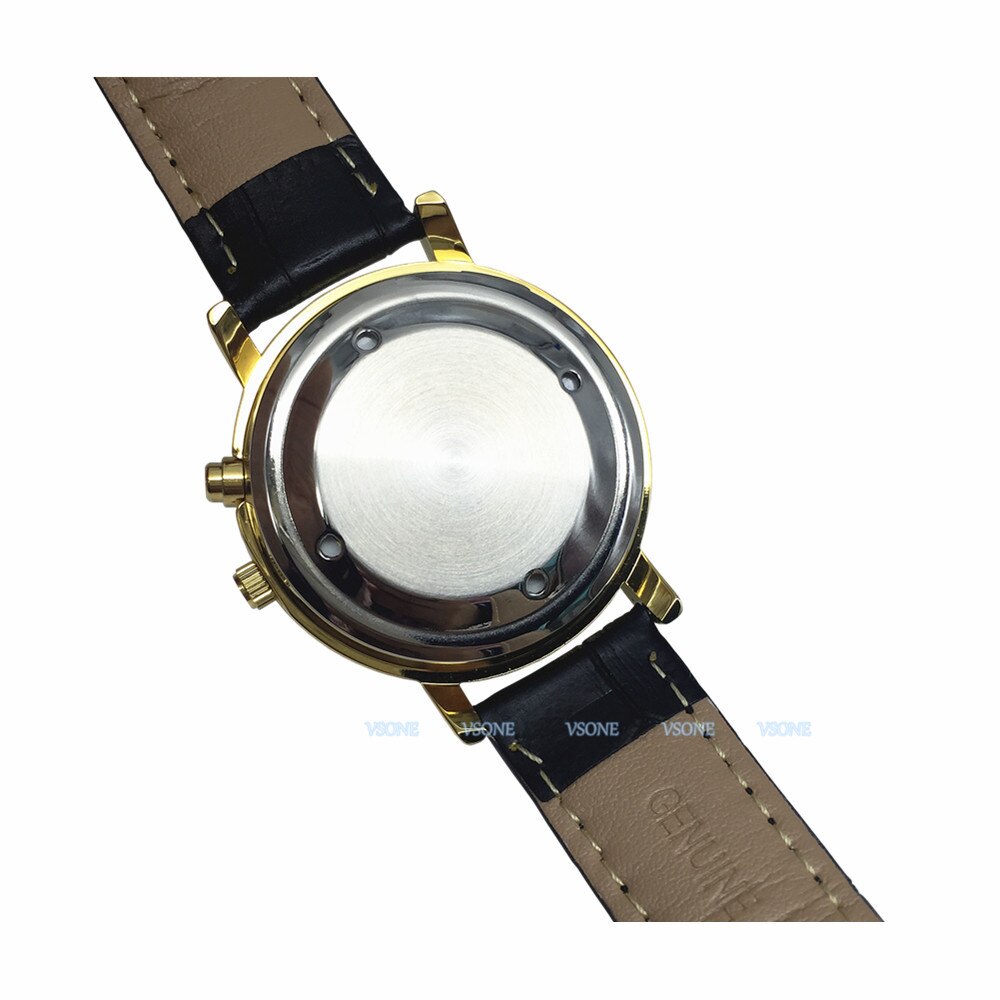Montre Parlante Analogique avec Alarme Annonce de l'heure et Date en Français pour Aveugle et Les Personnes Malvoyant, Couleur Dorée, Bracelet Cuir Noir TAF-G607
