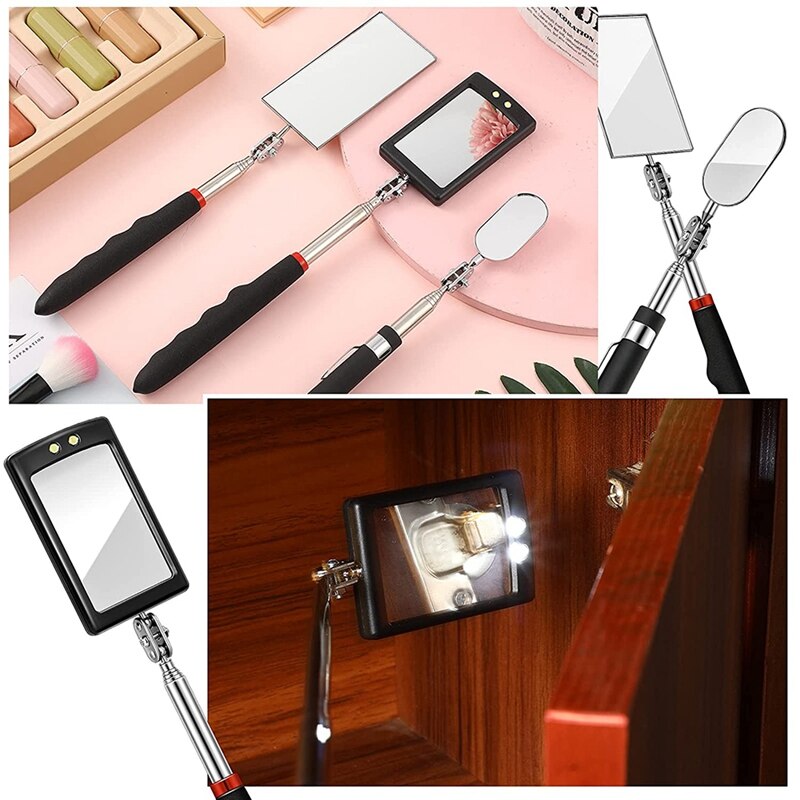 3 Pieces Telescoping Inspection Mirror Round Mirror Square Mirror Inspection Tool For Checking Vehicle,Observing Mouth