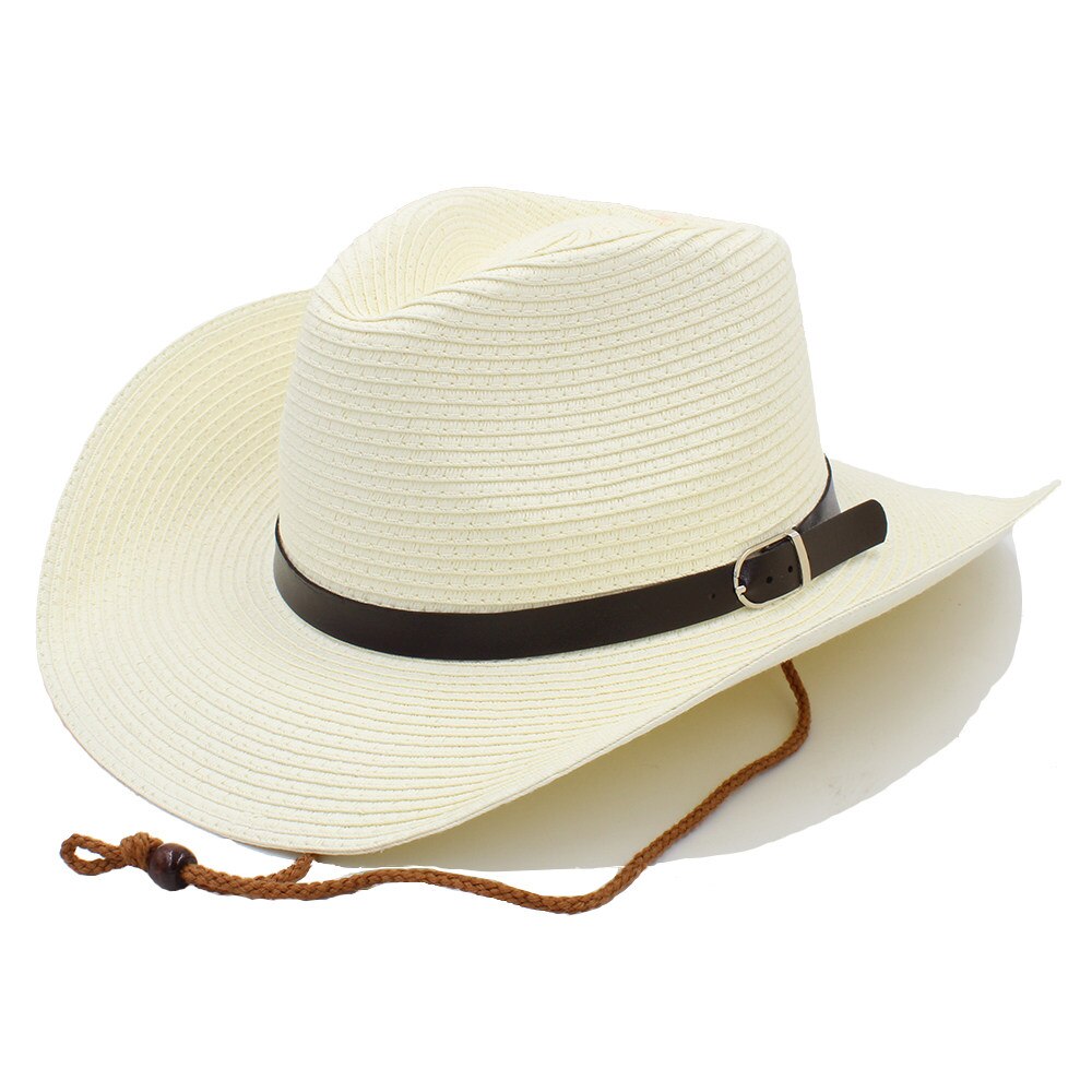 Sombrero de cowboy del oeste con cuerda resistente al viento para señora Caballero Playa Sol Sombrero de vaquera tamaño 58CM A0116-XSJ: Cream