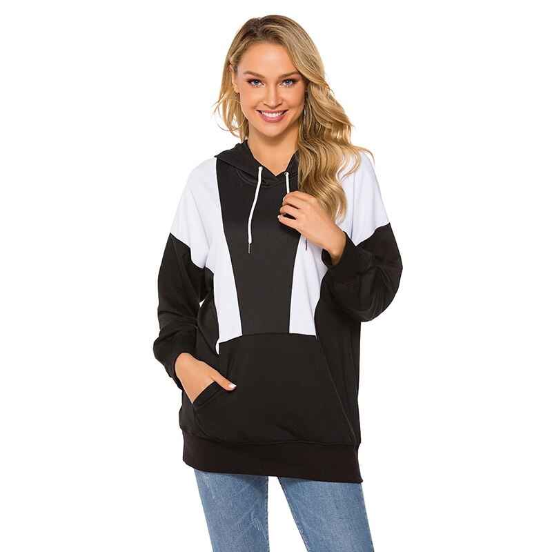 Women's Hooded Hoodie Sweatshirts Black And White Contrast Color Autumn And Winter Ladies Loose Casual Hoodie: Black white / XXL