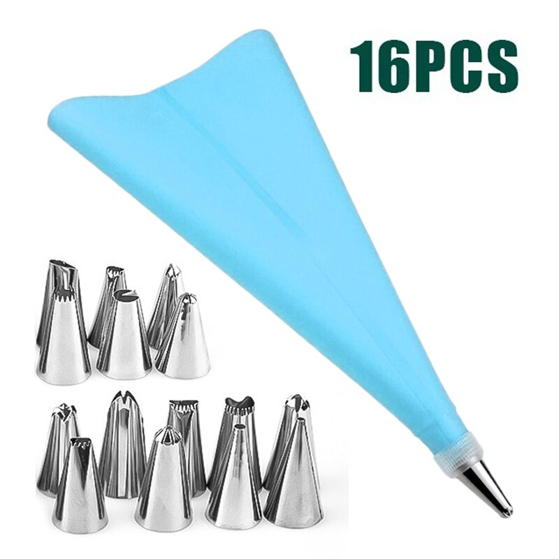 16PCS DIY Ice Piping Cream Pastry Bag Reusable Stainless Steel Nozzle Pastry Tips Converter Squeeze Cake Decorating Baking Tools: Blue