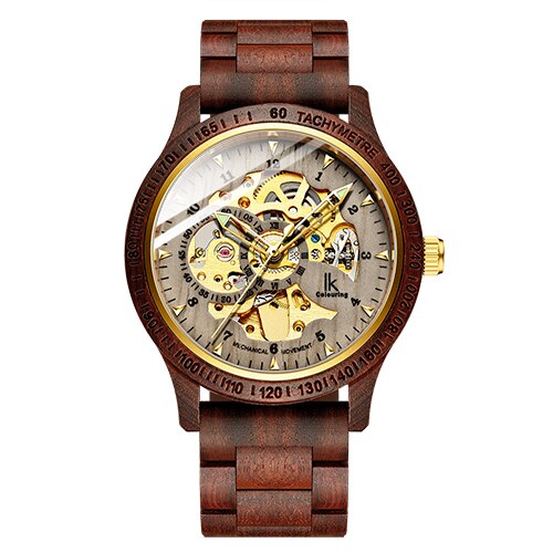 Mænd træ ure guld skelet ure mænd træ rem automatiske mekaniske armbåndsure ik farve relogio masculino: A1