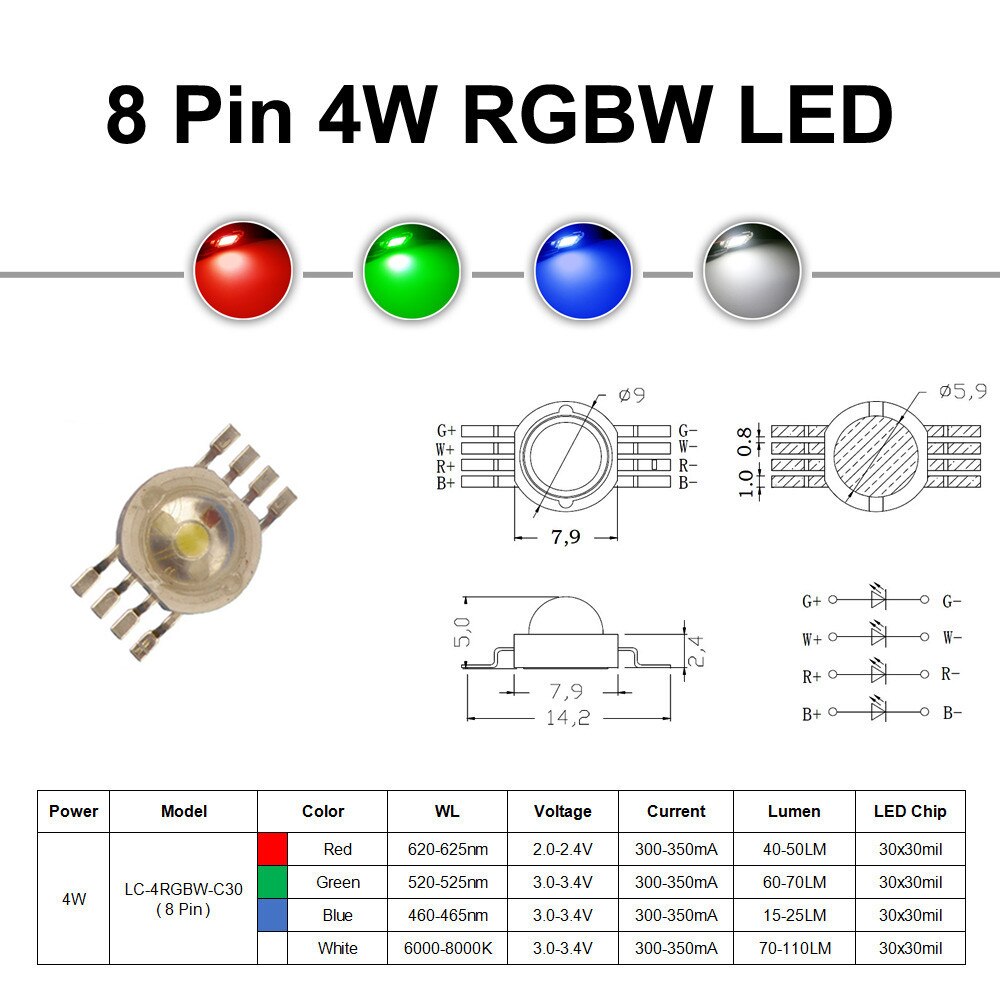 45MIL Rgbw Led Diode 8Pins High Power Led Chip 4W-12W Kleurrijke Vier Core Bronnen Diy voor Led Podium Verlichting Kralen 4.7