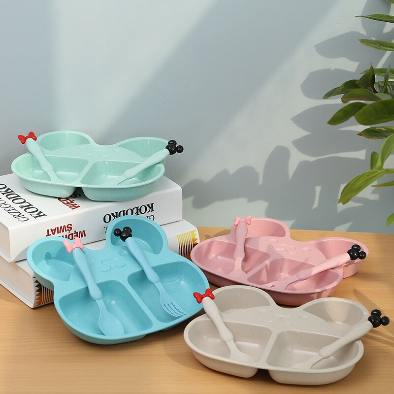 Wheat Straw Children Cartoon Bear Tableware Set Baby Dinner Plate Feeding Dishes Baby Training Bowl Spoon Fork for Kids Eating