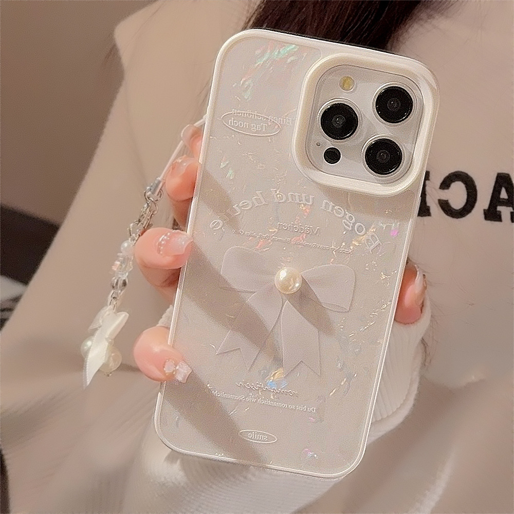 Cute White Bow Phone Case For iPhone 15 14 13 12 11 Pro Max Hanging Silicone Shockproof Bumper Cover 3D Three-dimensional Pearl
